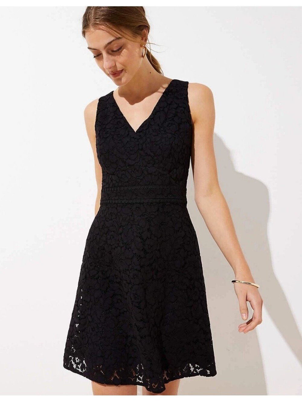 NWT LOFT Women Sleeveless LACE Cross Over V-Neck-DRESS BLACK New Sz 10